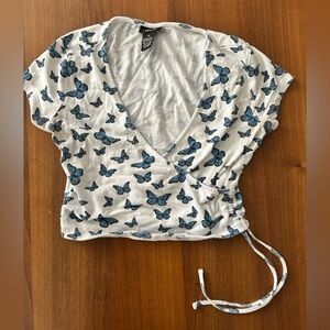 Rue21 White and Blue Butterfly Crop Top